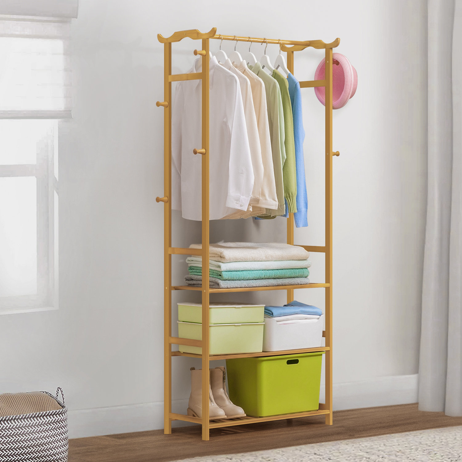 MoNiBloom 3 Shelves Coat Rack with Hanging Rod, Clothes Storage Shelf