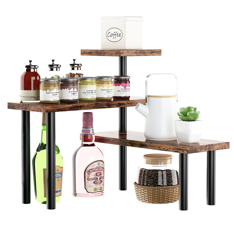 Corner Shelf, 3 Tier Kitchen Counter Shelf, Vintage Wood Countertop Organizer, Adjustable Spice Rack, Counter Storage Organization For Kitchen, ...