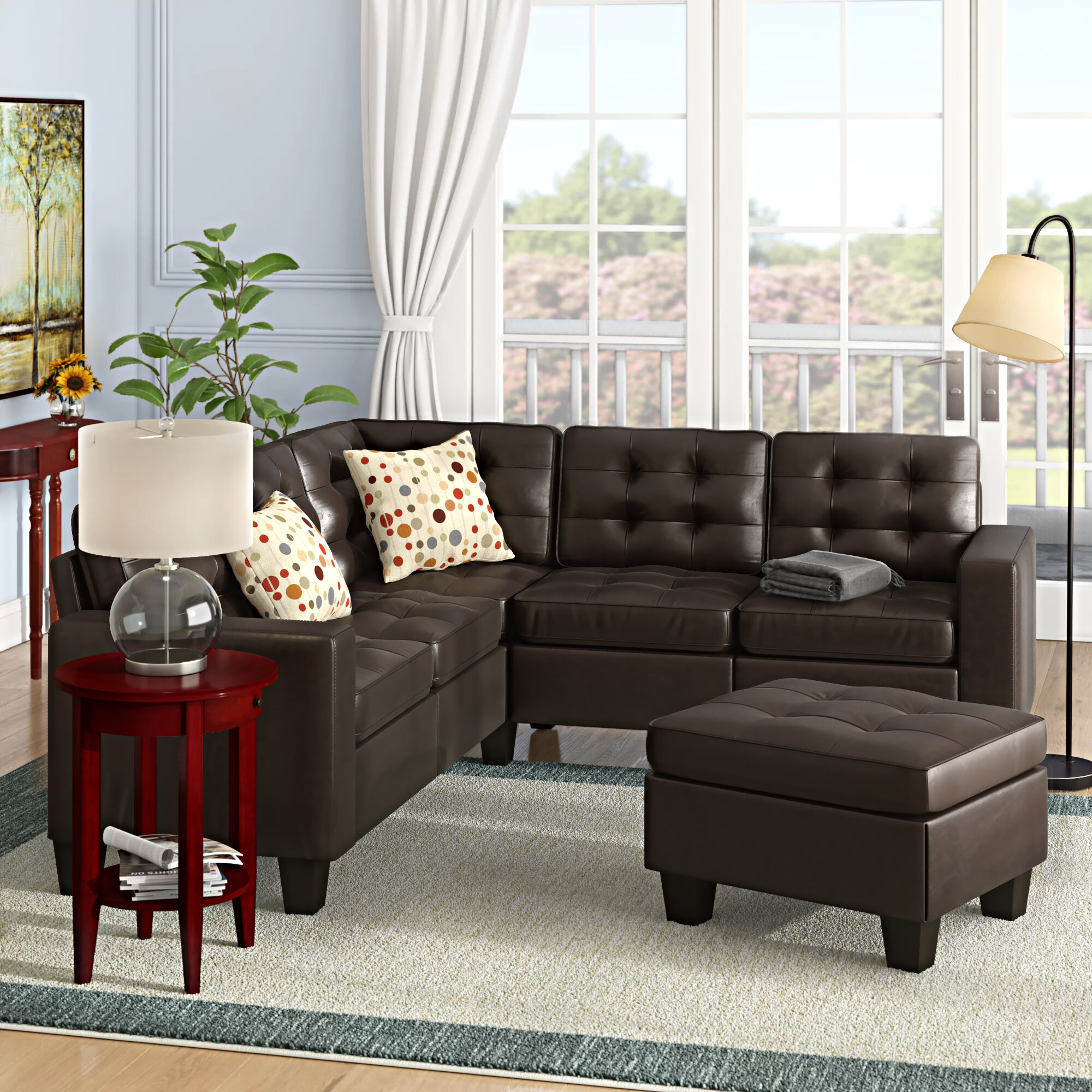 Karsyn 84″ Wide Faux Leather Symmetrical Corner Sectional with Ottoman