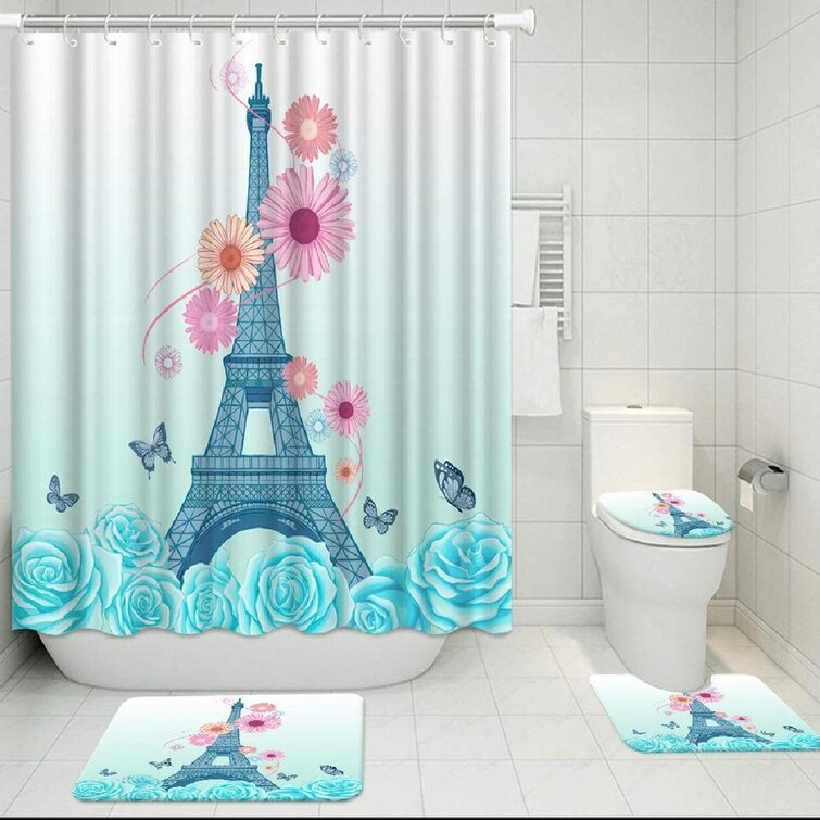 Bathroom Shower Curtain with Paris Eiffel Tower Pattern Printed with Hooks Hang 