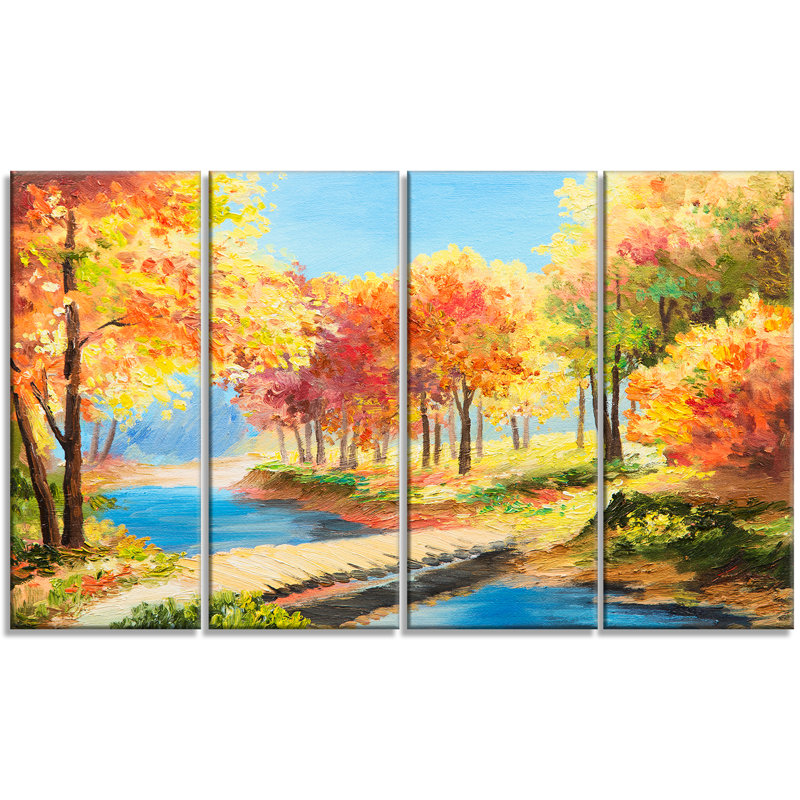 Designart Wooden Bridge In Colorful Forest Landscape 4 Piece