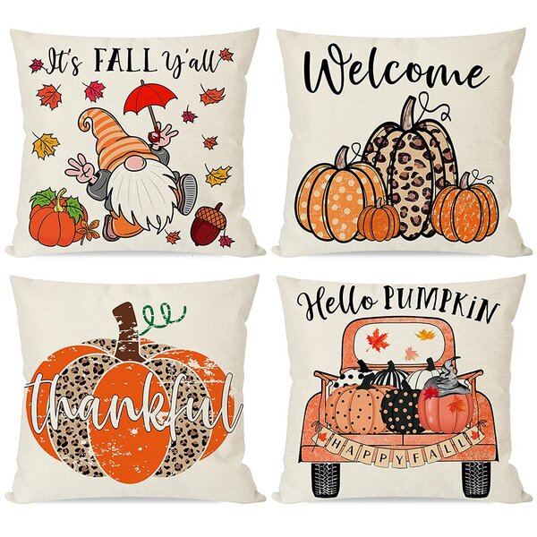 Hello Autumn Fall Thanksgiving Farmhouse Cushion Cover Cases Decorative Pillowcase for Sofa Bed Couch Orange Maple Leaf Throw Pillow Cover 18x18 for Fall Decoration 