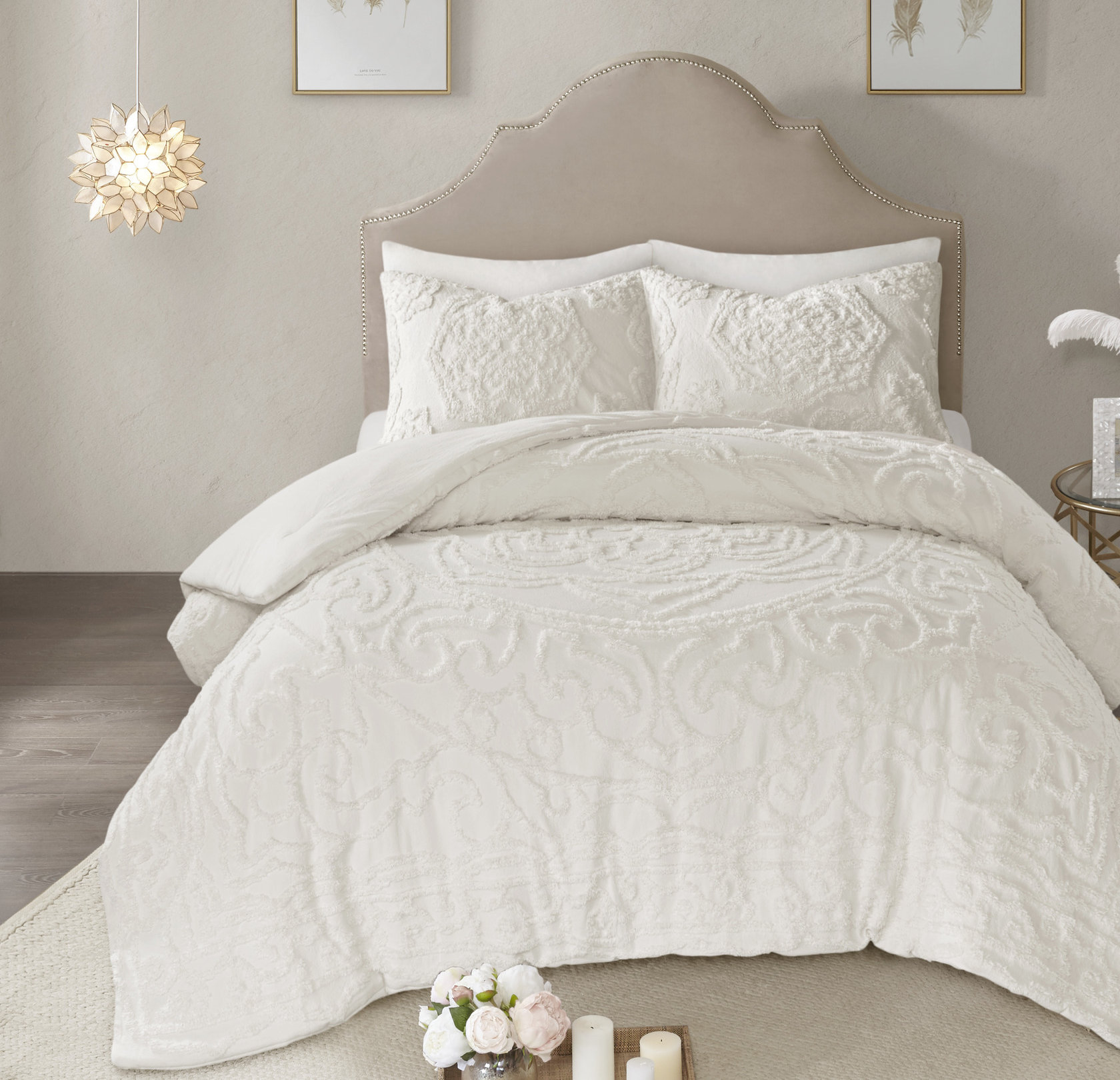 BEAUTIFUL ELEGANT CHIC IVORY WHITE NEUTRAL BEIGE SOFT COMFORTER SET /& PILLOWS