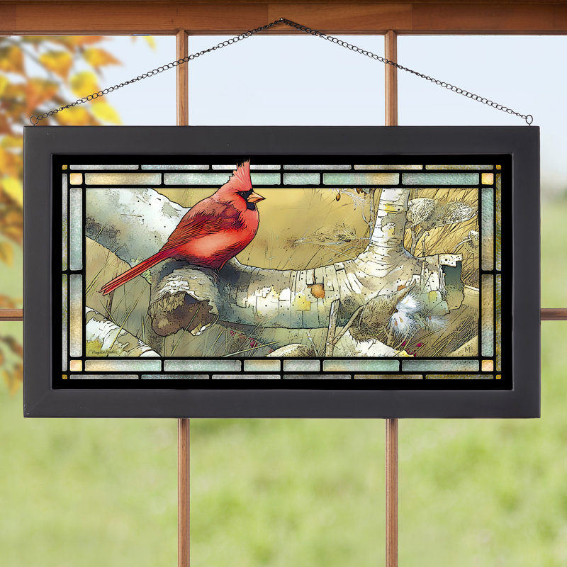 Red Northern Cardinal Songbird Stained Glass Window Panel