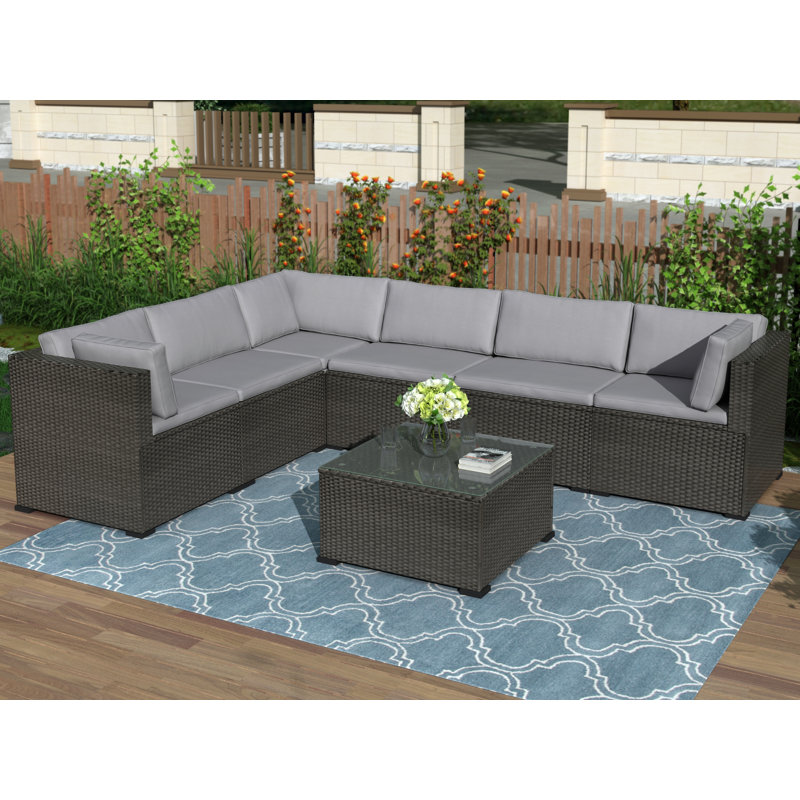 Latitude Run 7 Piece Patio Furniture Set Outdoor Sectional Conversation Set With Soft Cushions Black Wayfair Ca