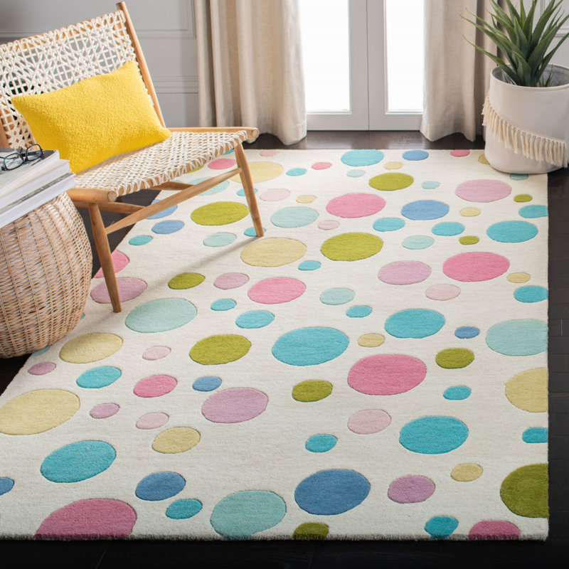 George Oliver Henricks Polka Dots Handmade Tufted Wool Ivory Blue Pink Area Rug Reviews Wayfair