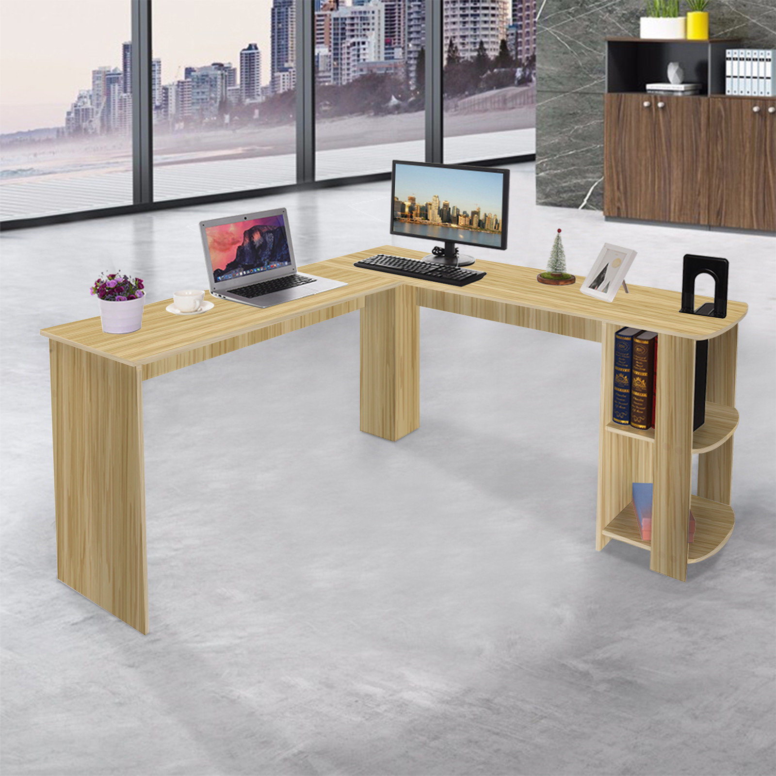 67 Workstation LShaped Corner Desk, PC Laptop Table Wooden With Shelves Home Office Return Desk