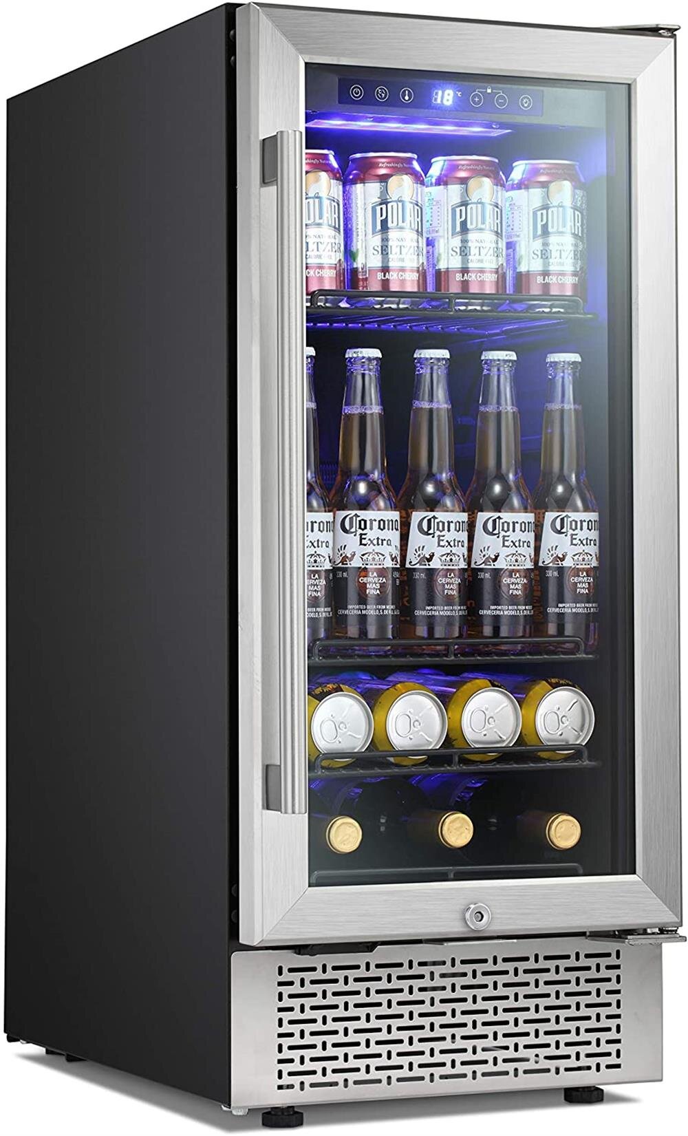 Powerful Drink with Smart Control System and Double-Layer Glass Door Beverage Refrigerator 15 inch Stainless Steel Shelf 88 Can and 3 Bottle Built-in or Freestanding for Soda Beer