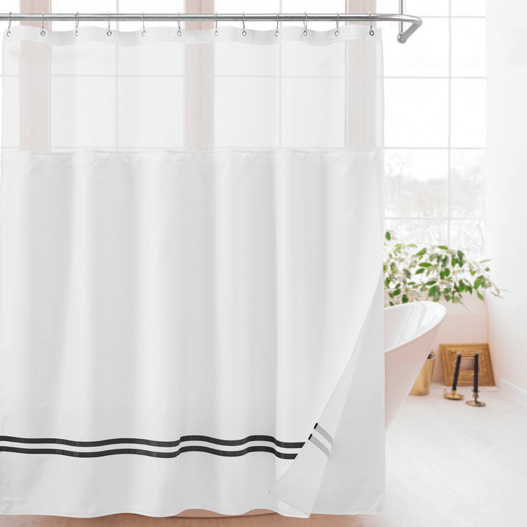 BATHROOM WHITE STRIPE SHOWER CURTAIN WITH RING HOOKS 