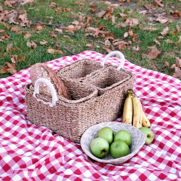 Vintage 3 Grids Seagrass Storage Basket Handmade Woven Box Fruit Snack Organizer