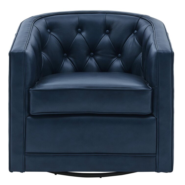 blue leather swivel barrel chair