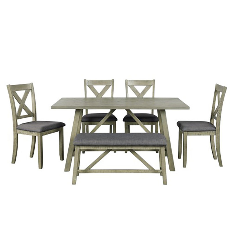 Gracie Oaks 6 Piece Dining Table Set Wood Dining Table And Chair Kitchen Table Set With Table Bench And 4 Chairs Rustic Style Grey Wayfair Ca The table is surrounded with a bench and a set of matching stools for seating.
