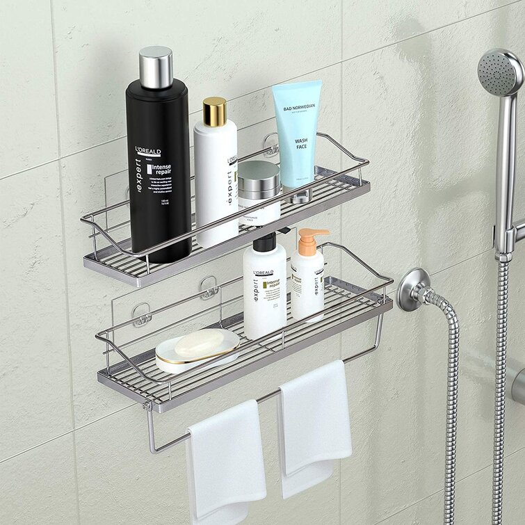 Shower Caddy Plastic Shelf，Shower Rack Wall Mount With Towel Bar，Non-Drilling Self-Adhesive Bathroom Shelf Kitchen Storage Basket（White）