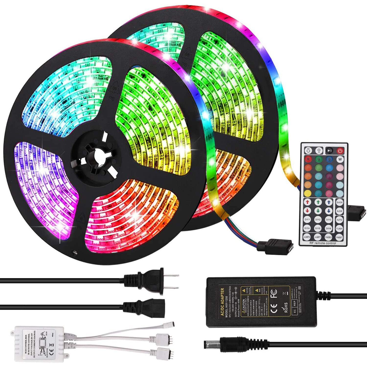 UL Listed LED Strip Lights 16.4ft RGB Color Changing with Remote & UL-Adapter for Room Cupboard Decoration Bright 2835 LEDs Tape Light Cutting Design Easy Installation Bedroom TV Ceiling 