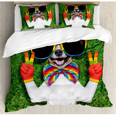 Hauppauge Pride Decorations Funny Face Dog Lying on Grass with Peace Signs and Giant Sunglasses Duvet Cover Set East Urban Home Size Queen
