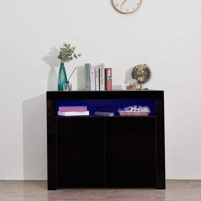 Wrought Studio Living Room Sideboard Storage Cabinet White High Gloss With Led Light Modern Kitchen Unit Cupboard Buffet Wooden Storage Display Cabinet Tv Stand With 2 Doors For Hallway Dining Room Wayfair