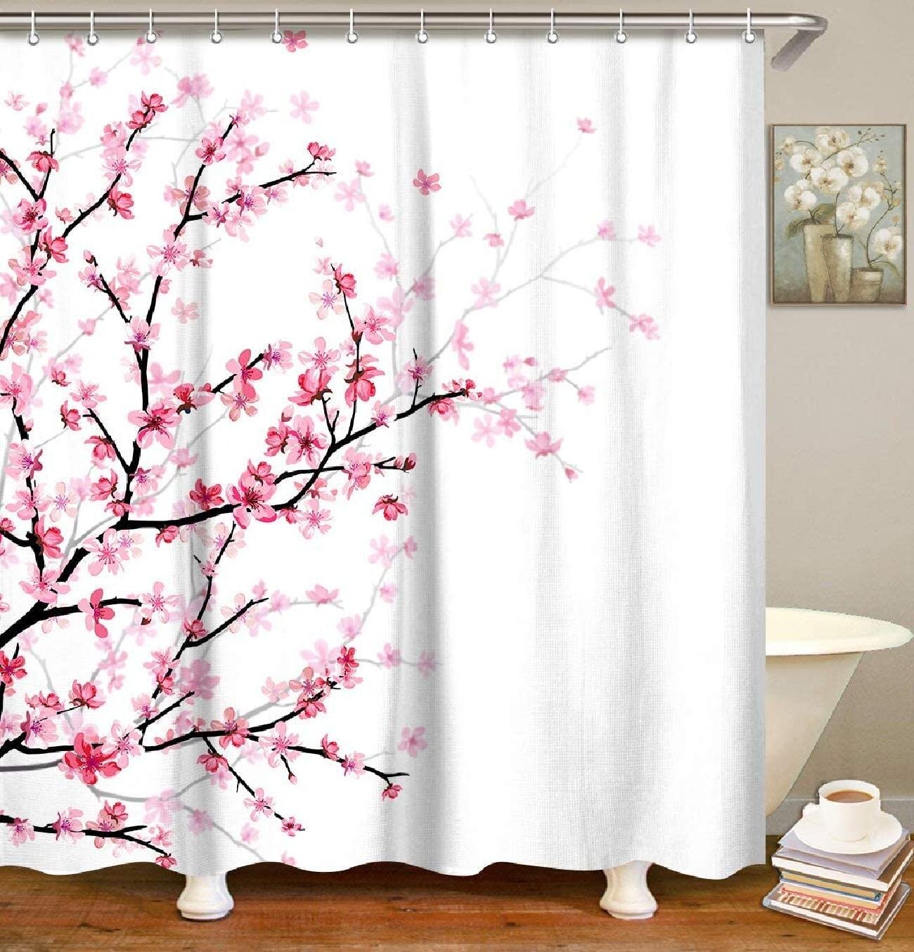 Red Barrel Studio Livilan Pink Floral Shower Curtain Cherry Blossom Bathroom Curtain With Hooks