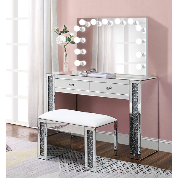 grey makeup vanity with lights