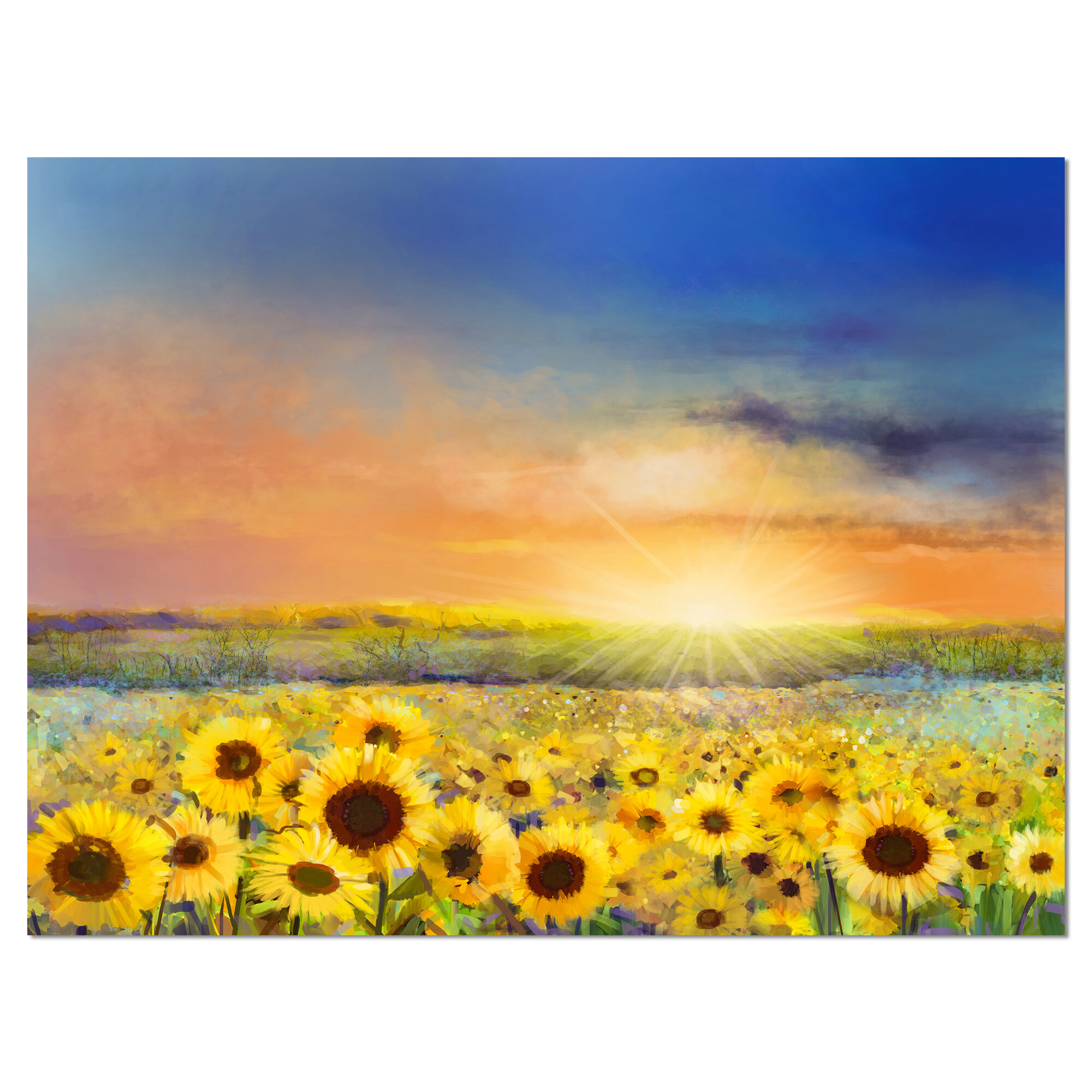 Designart Sunset Over Golden Sunflower Field Painting Print On