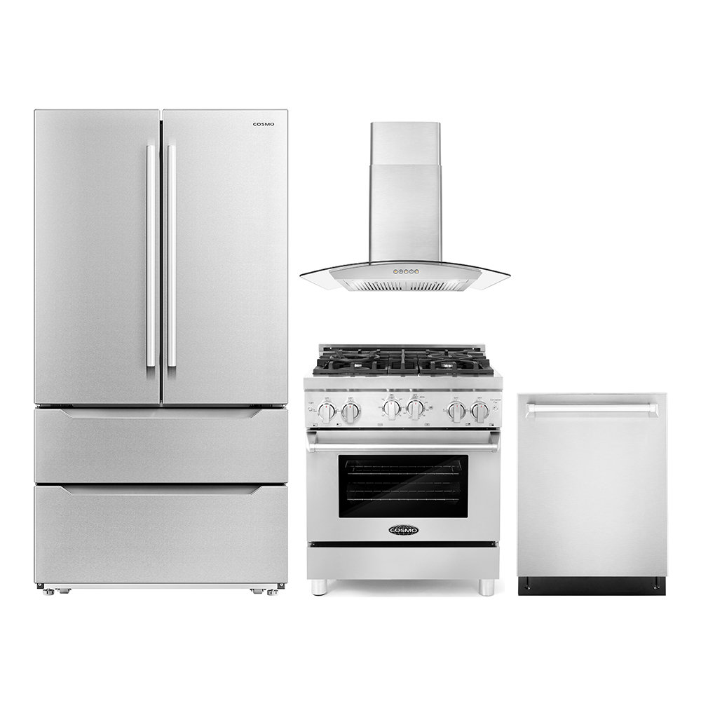 Cosmo 4 PC Kitchen Set with 30" Gas Range 30" Wall Mount Range Hood 24