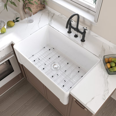 Hadley 30" L X 20" W Fireclay Farmhouse Kitchen Sink with Sink Grid & Basket Strainer