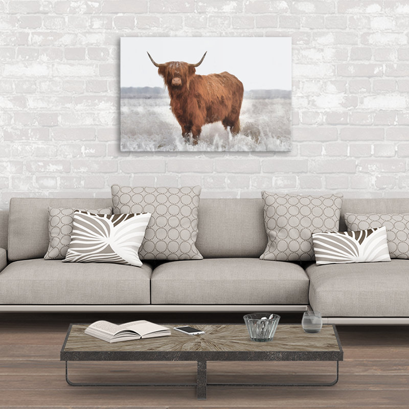 Hairy Highland Cow In Gray Field Wrapped Canvas Painting Print