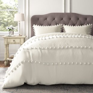 3 Pieces Set Tassel Fringed Queen Duvet Cover in White 100% Washed Cotton & Elegant Lace Button Bedding Collection Ivory Bedding Set Queen