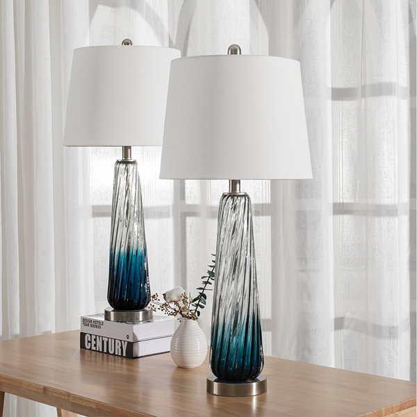 Set of 2 lamps Brushed Steel Table Lamp Pair Living Bed Room 28 inch Shade incl 