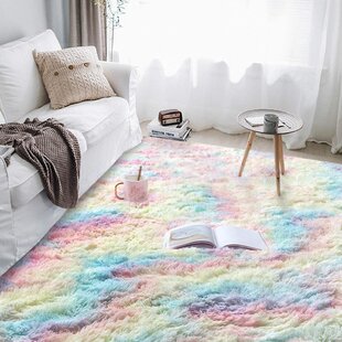 Soft Thick Plush Area Rug Non Slip Pink Purple 5x8 Feet Meeting Story Shaggy Rainbow Rugs for Girls Kids Bedroom Living Room Play Room Indoor Modern Rugs Floor Mat Carpet