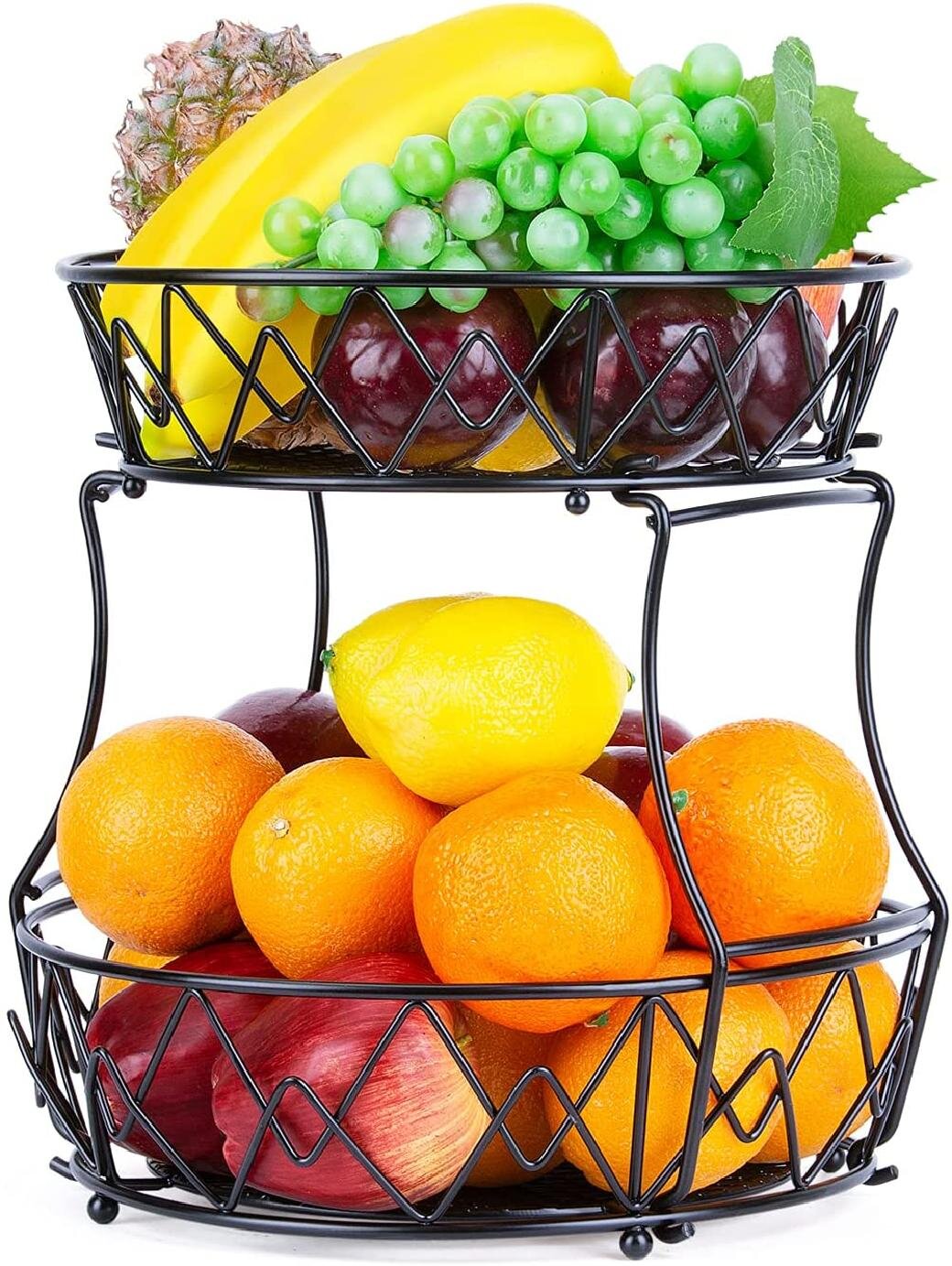 17 Stories Fruit Baskets 2 Tiered Fruit Bowls Vegetables Storage   Fruit Baskets 2 Tiered Fruit Bowls Vegetables Storage Stacking For Kitchen Countertop Food Bread Snack Counter Detachable Organizer Display Stand Black 