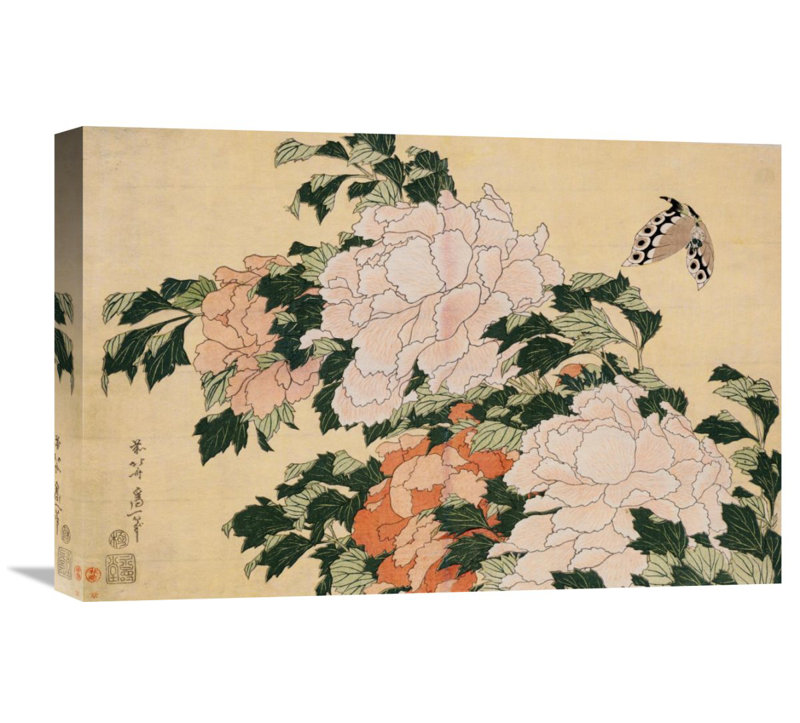 Global Gallery Pink And Red Peonies By Hokusai Painting Print On