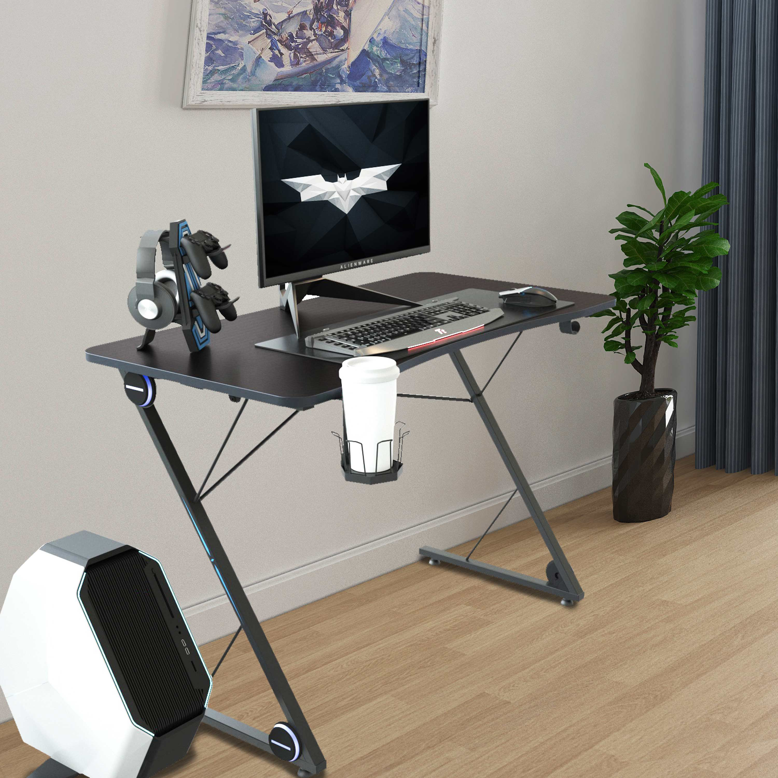 Z-shape Gaming Desk w/ LED Light PC Laptop Ergonomic Computer Table Racing Style 