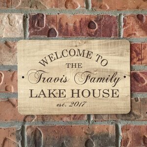 Personalized Wood Grain-Look Lake House Metal Sign Wall Du00e9cor