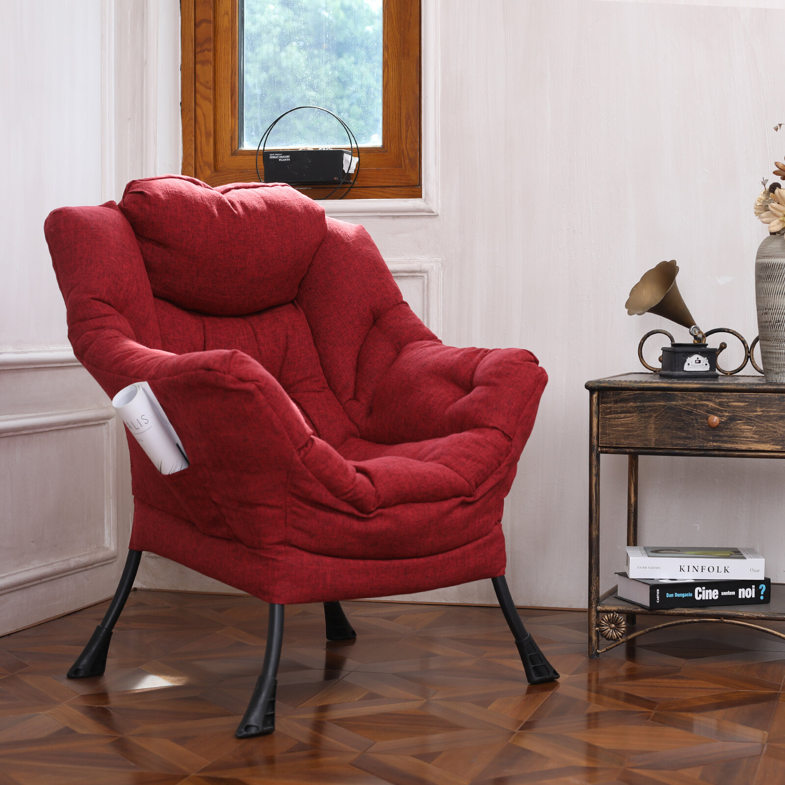 red upholstered accent chair