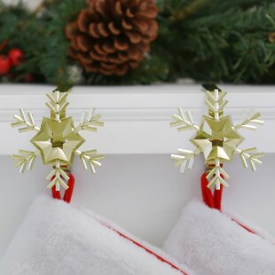 4 Christmas Stockings Lights Garland Holders Mantel Fireplace Embossed Snowflake 