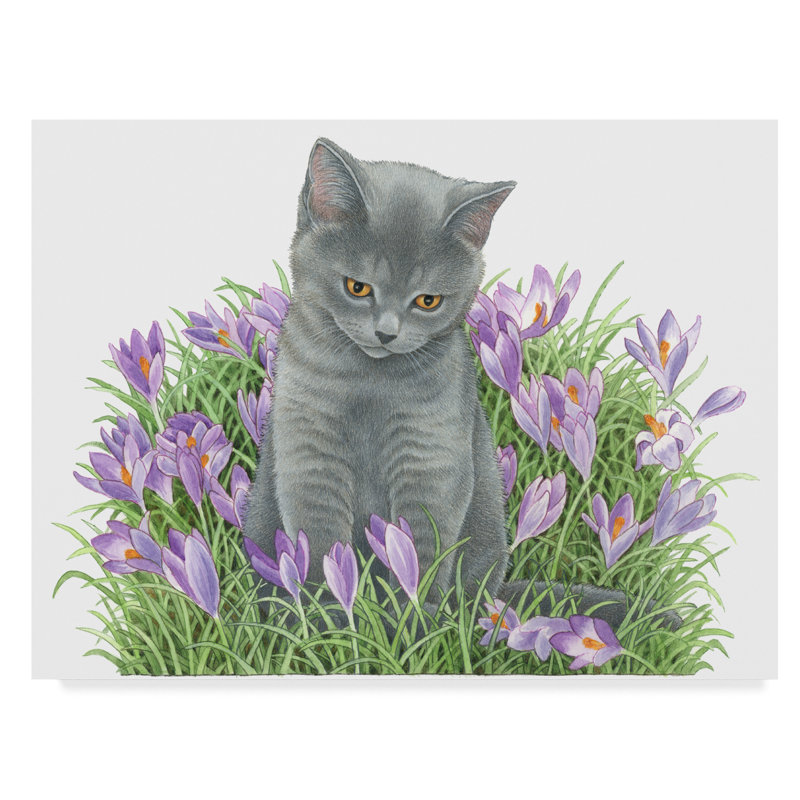 Trademark Art Gray Cat In Flowers Acrylic Painting Print On