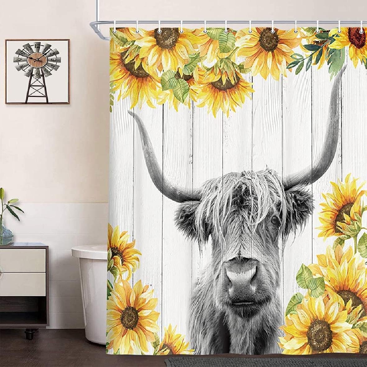 Get Naked Shower Curtain Funny Highland Cow with Sunflowers For Bathroom Decor 