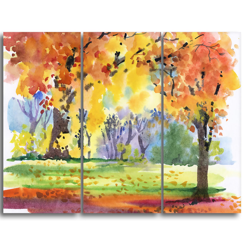 Designart Autumn Park Yellow Trees Watercolor 3 Piece Painting