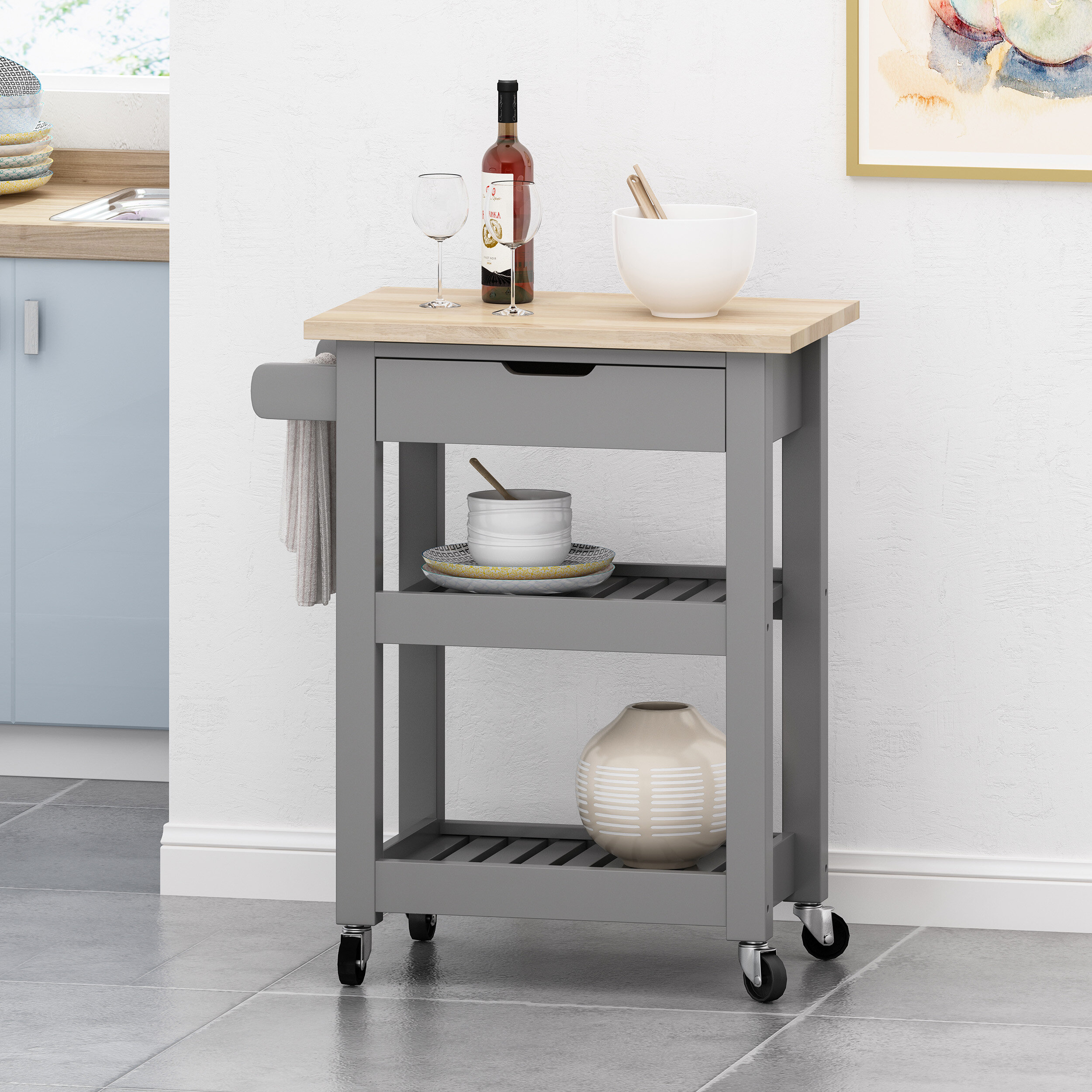 Winston Porter 25.5'' Wide Rolling Kitchen Cart with Solid Wood Top ...