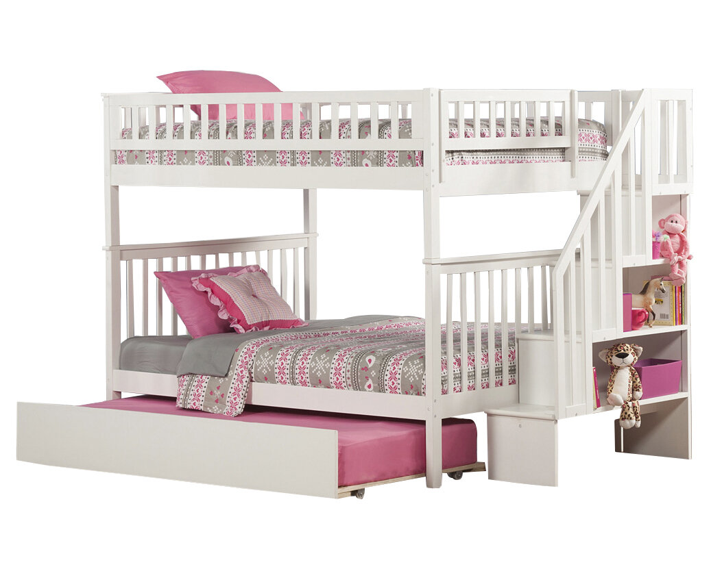 white bunk bed with trundle and stairs