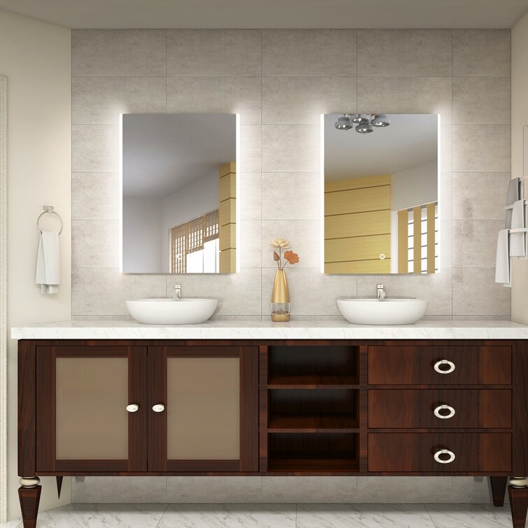 ELEGANT 600 x 500mm LED Illuminated Bathroom Mirror with Shaver Socket Heated Demister Pad and Adjustable Brightness Wall Mounted Dual Touch Sensor Smart 3 Lighting Modes Bathroom Vanity Mirror