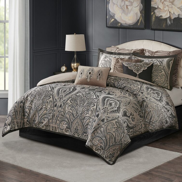 Luxury Shades of Brown Embroidered Textured Comforter Set AND Decorative Pillows 