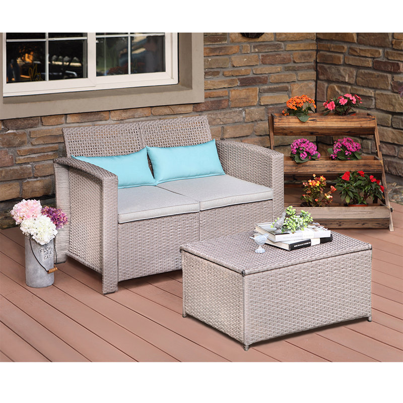 Highland Dunes Gosnell 2 Piece Outdoor Patio Furniture Taupe Open Weave Wicker Love Seat W Warm Gray Cushions Storage Chest 2 Turquoise Lumbar Pillows Wayfair