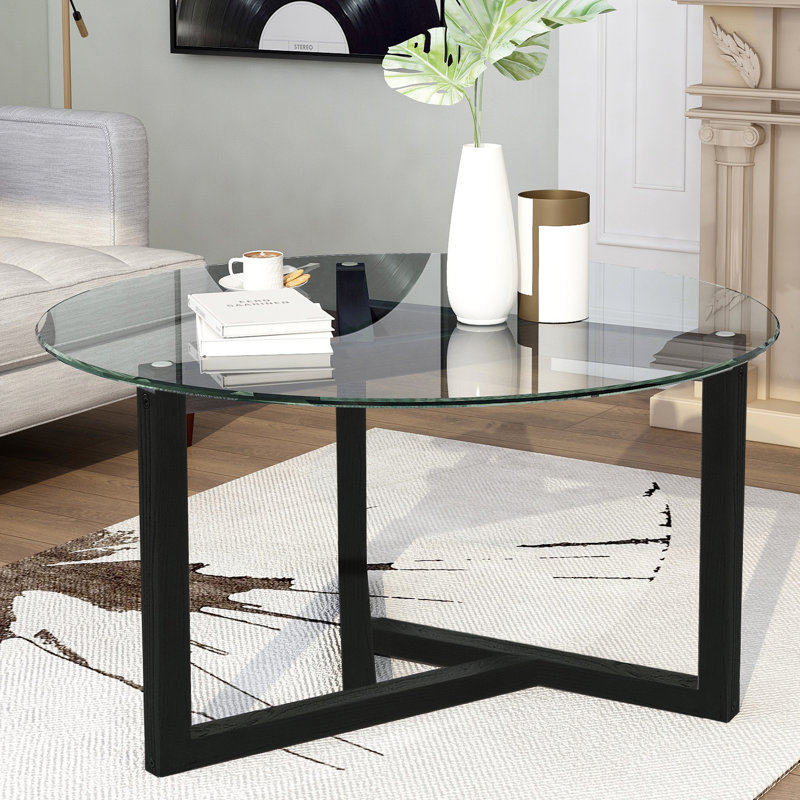 Ebern Designs Round Glass Coffee Table Modern Cocktail Table Easy Assembly Sofa Table For Living Room With Tempered Glass Top Sturdy Wood Base Oak Wayfair