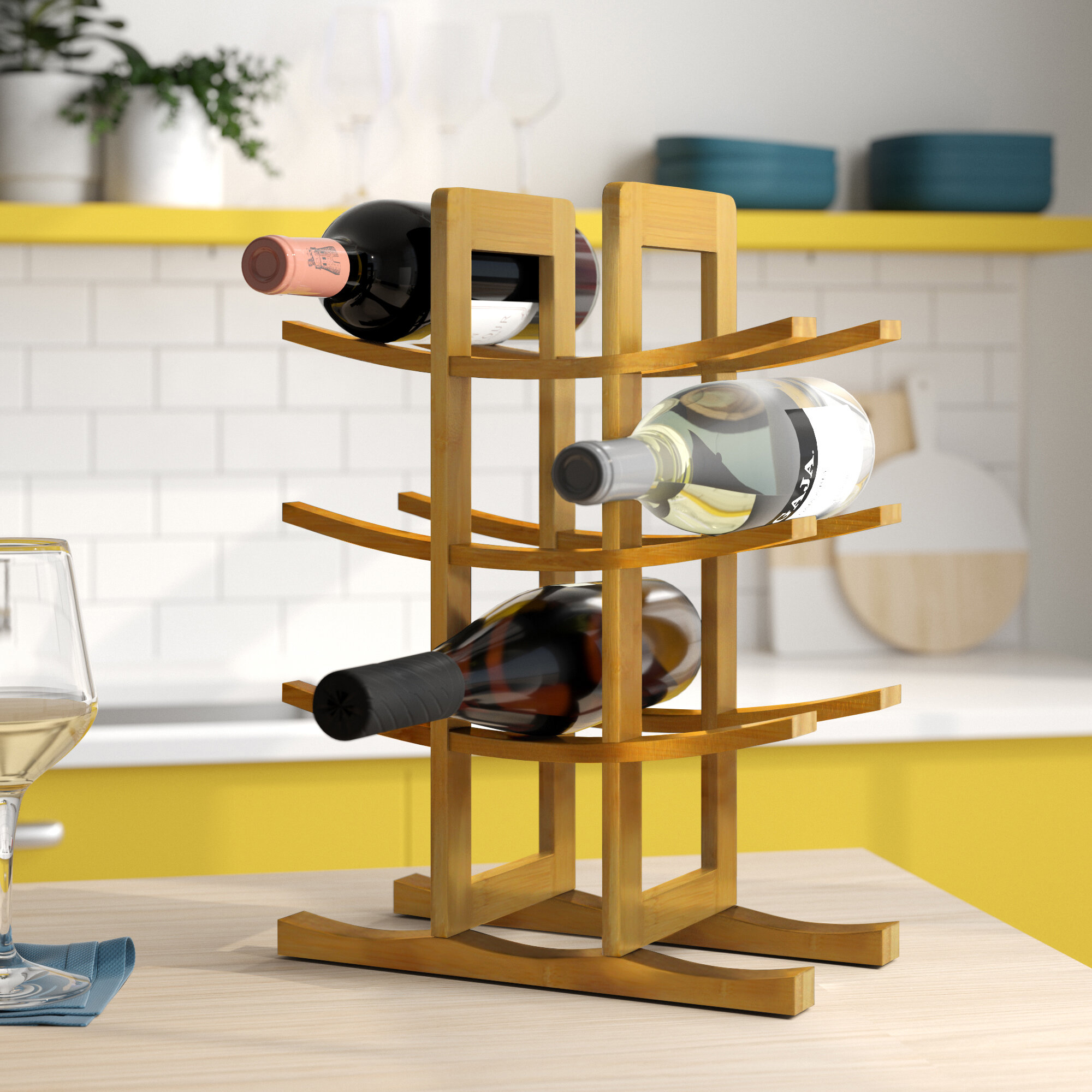MUGLIO Foldable Wooden Wine Bottle Holder Shelves for 3 Wine Bottles,Tabletop Wine Rack 