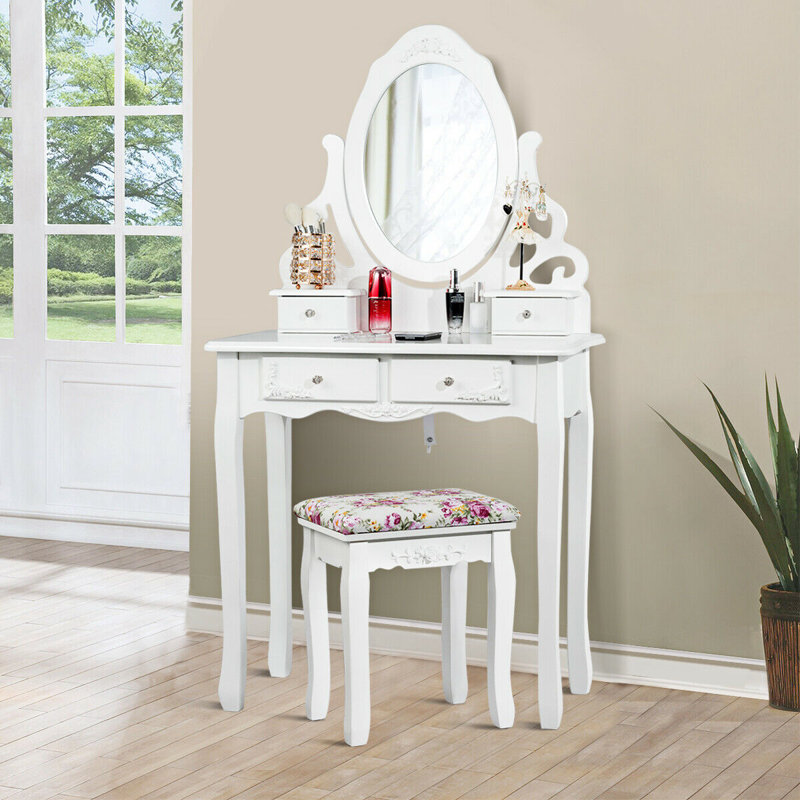 Vanity Dressing Table Set Mirrored Furniture with Stool White for Christmas Gift