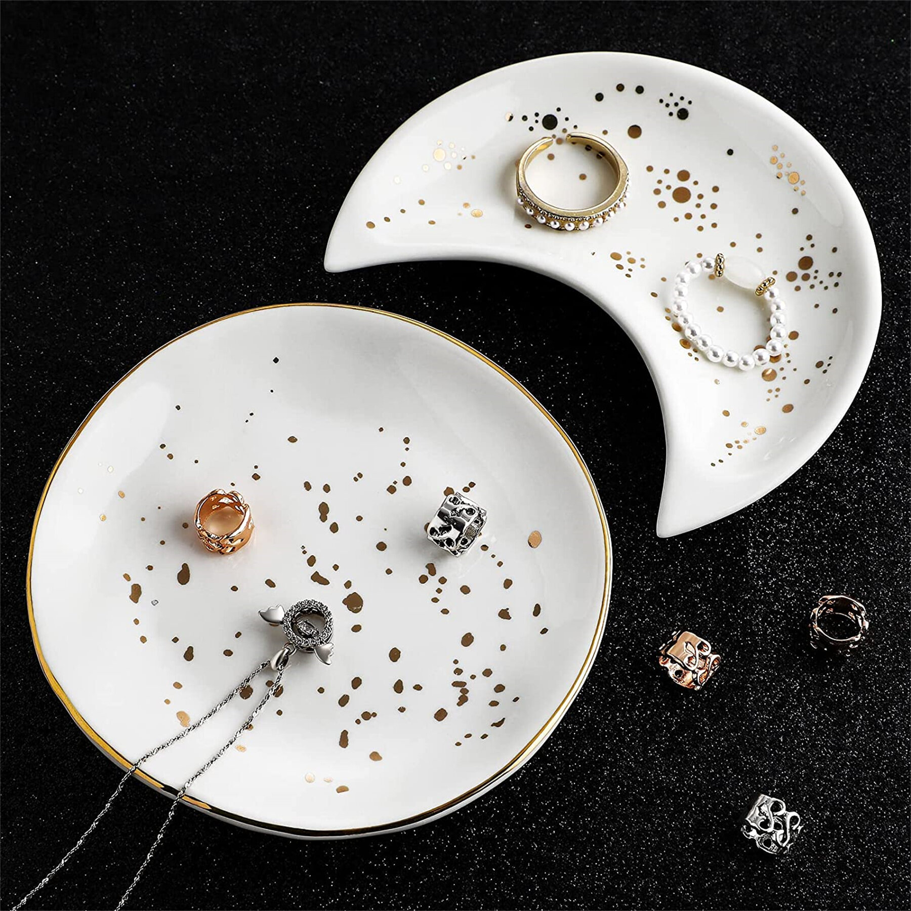Jewelry Tray Dish Moon Shape Decorative Ceramic Trinket Dish Ring Dish Desk Organizer Accessories for Home Decor Blue and Black