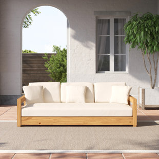 Montford 76.55" Wide Outdoor Teak Patio Sofa with Cushions