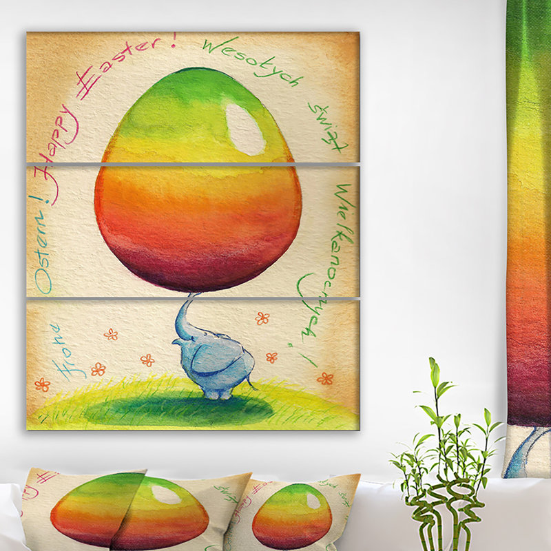 East Urban Home Blue Elephant With Easter Egg Oil Painting Print