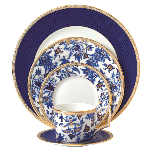 12 piece China Dinnerware Plates Set Blue and Gold Royal Flower Pattern 